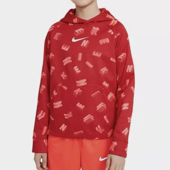 ● SOLD ● Boy's Nike Therma-FIT Printed Training Long Sleeve Hoodie Top - Red - Picture 1 of 4